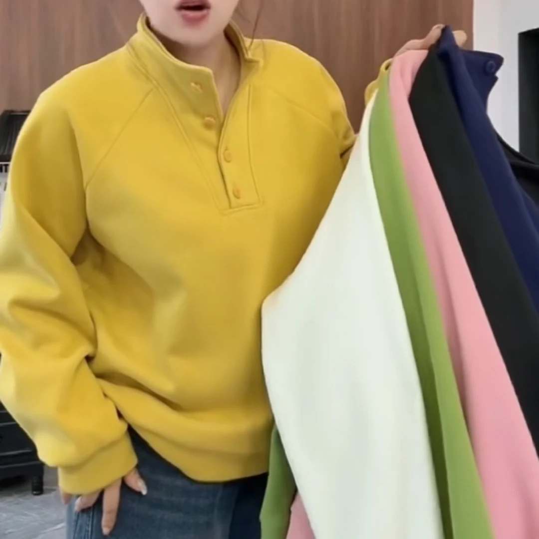 加绒加厚立领纽扣套头卫衣冬季新款百搭保暖女士宽松显瘦上衣T恤
