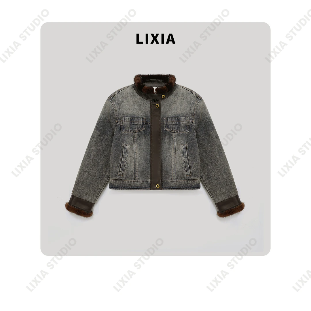 LIXIA【迪克牛仔】保暖设计款毛领牛仔羽绒服-A7597