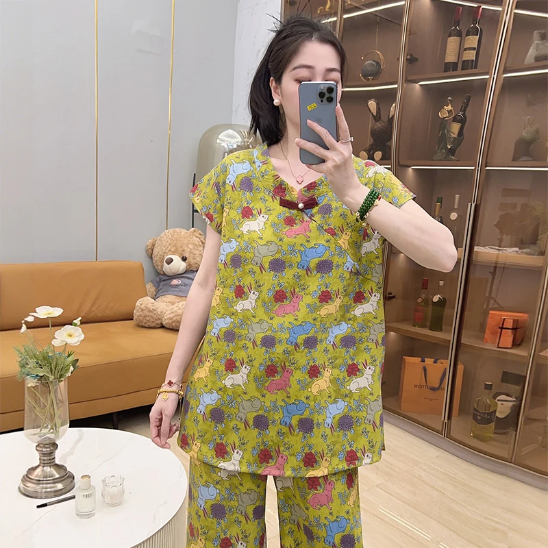 【Dating专属】 金枝玉兔 夏季短袖短裤睡衣上衣长裤三件套装