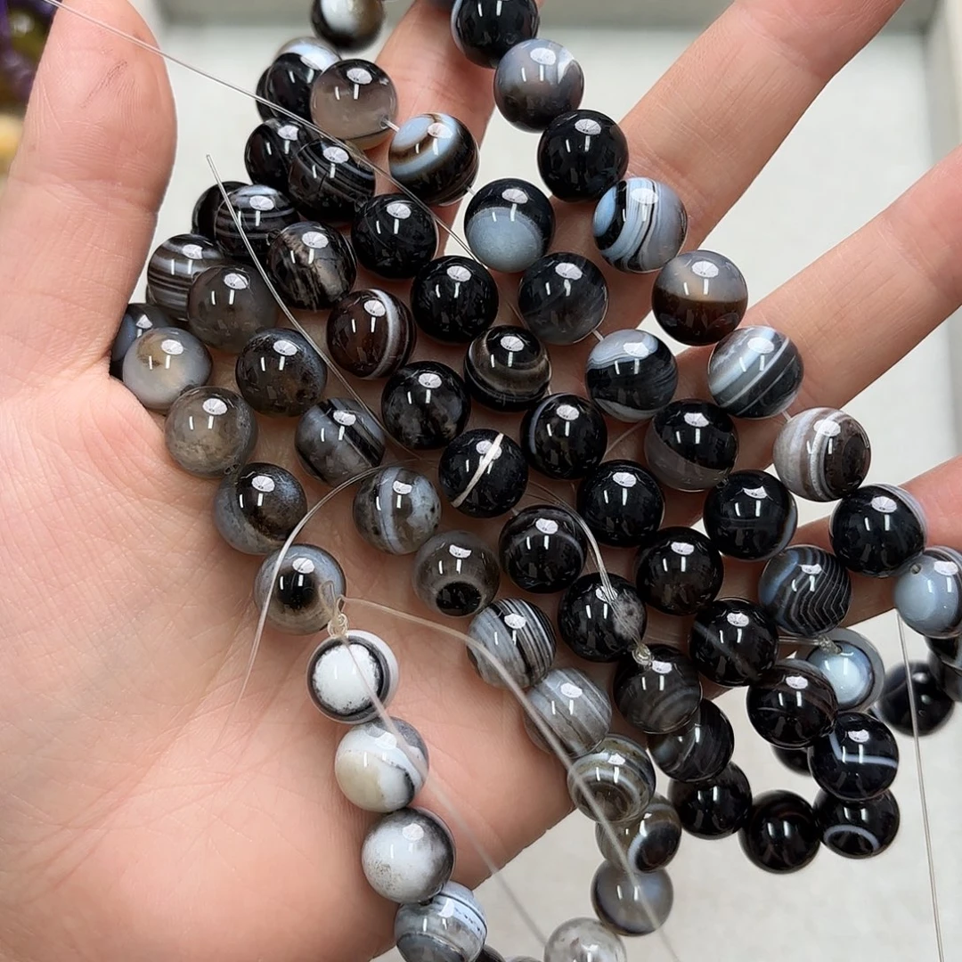 玛瑙/玉髓未镶嵌珠宝半成品11-12缠丝玛圆珠随机一条