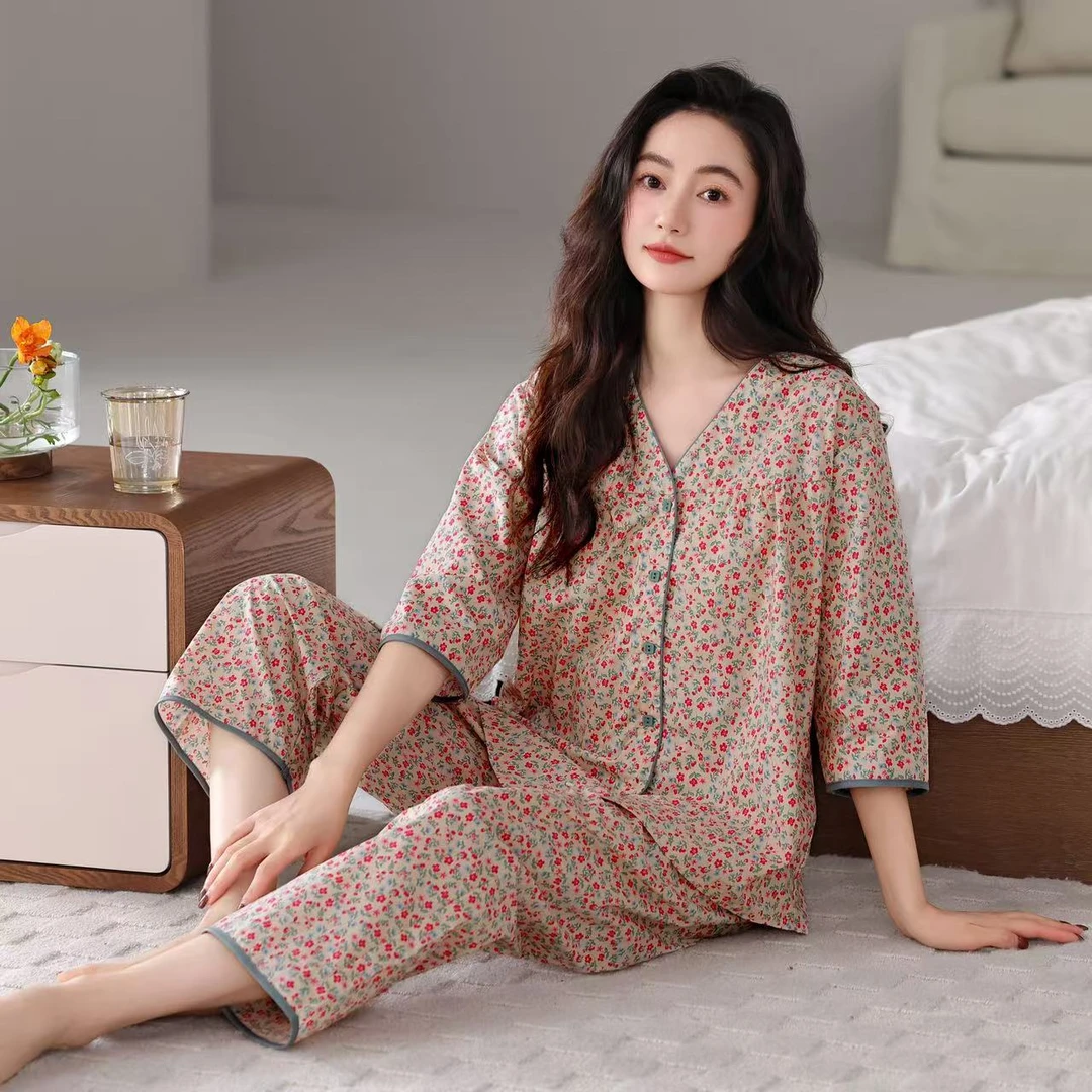 力婷睡衣女2025春秋新款七分袖薄款大码韩版夏天半袖家居服套装