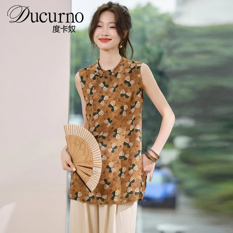 新中式国风印花无袖t恤女背心2025夏季新款立领复古旗袍小衫上衣