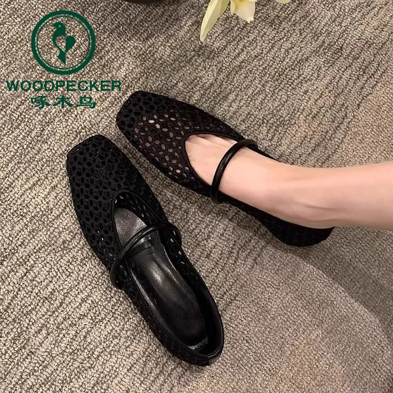啄木鸟单鞋女夏季2025新款镂空编织透气渔网纱面法式玛丽珍凉鞋