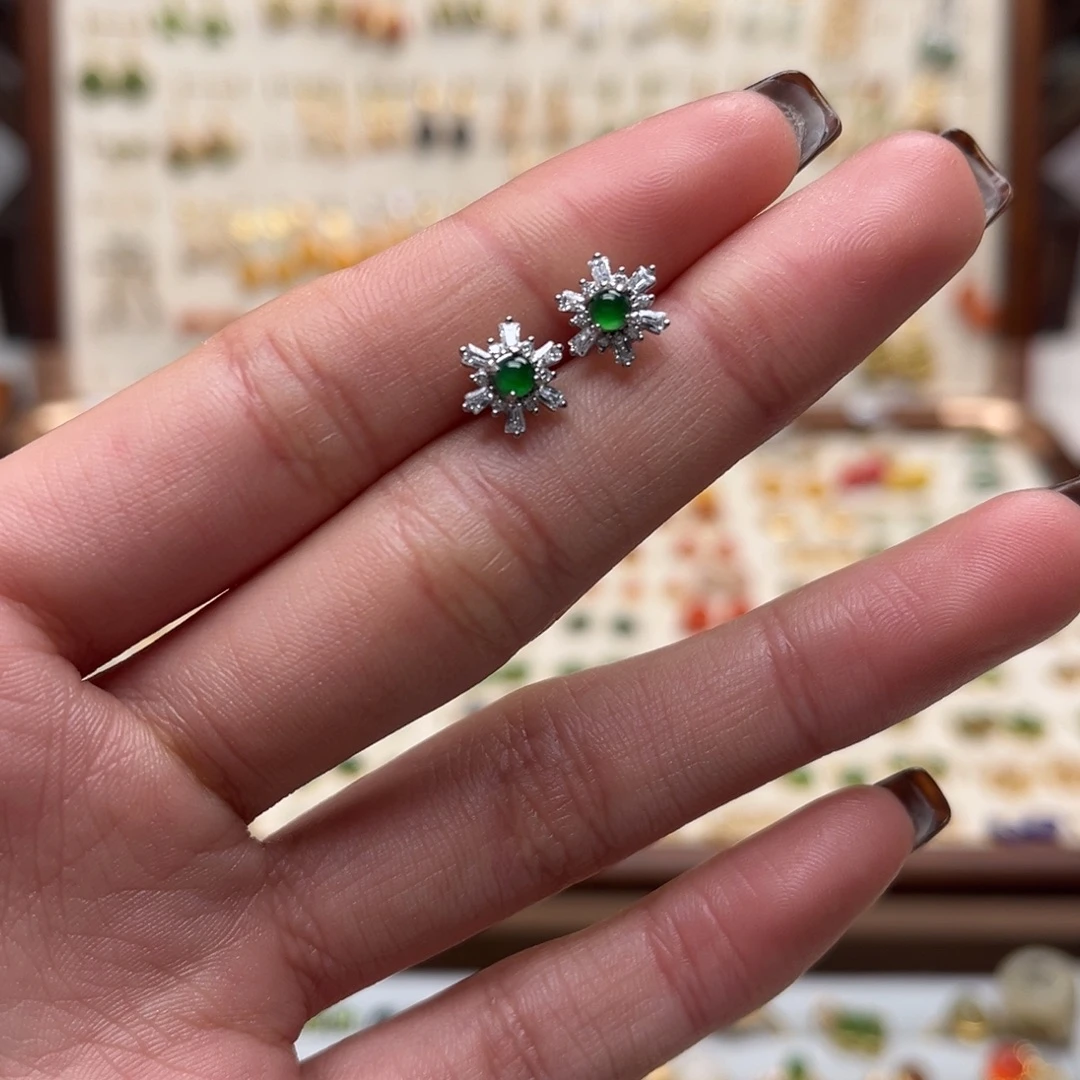 和田玉银S925镀金镶嵌耳饰