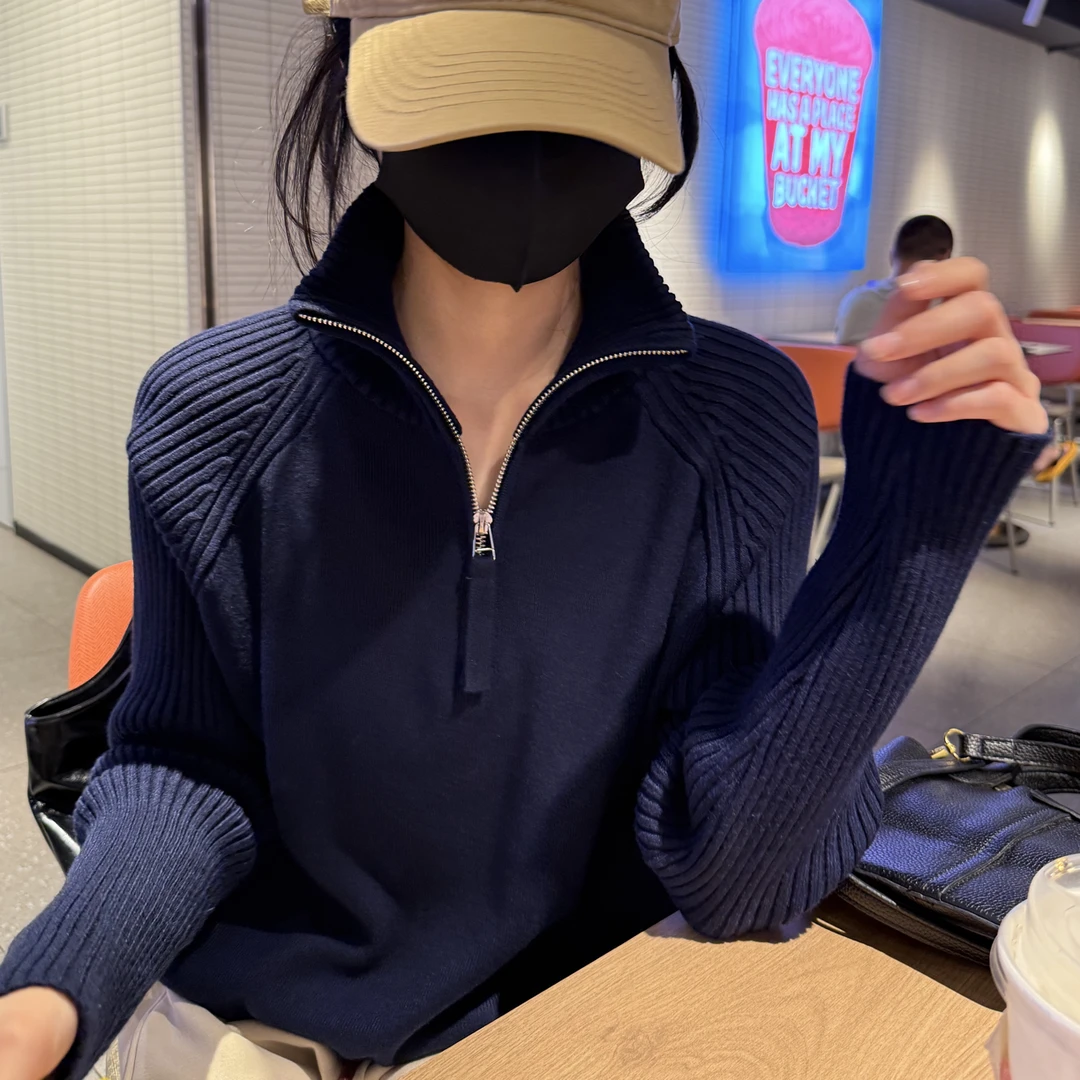 半拉链女长袖针织插肩袖毛针织衫修身毛衣打底衫纯色