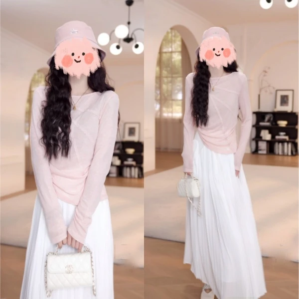 夏季新款纯色蕾丝花边长袖T恤+显瘦气质拉链腰头压褶半身裙套装