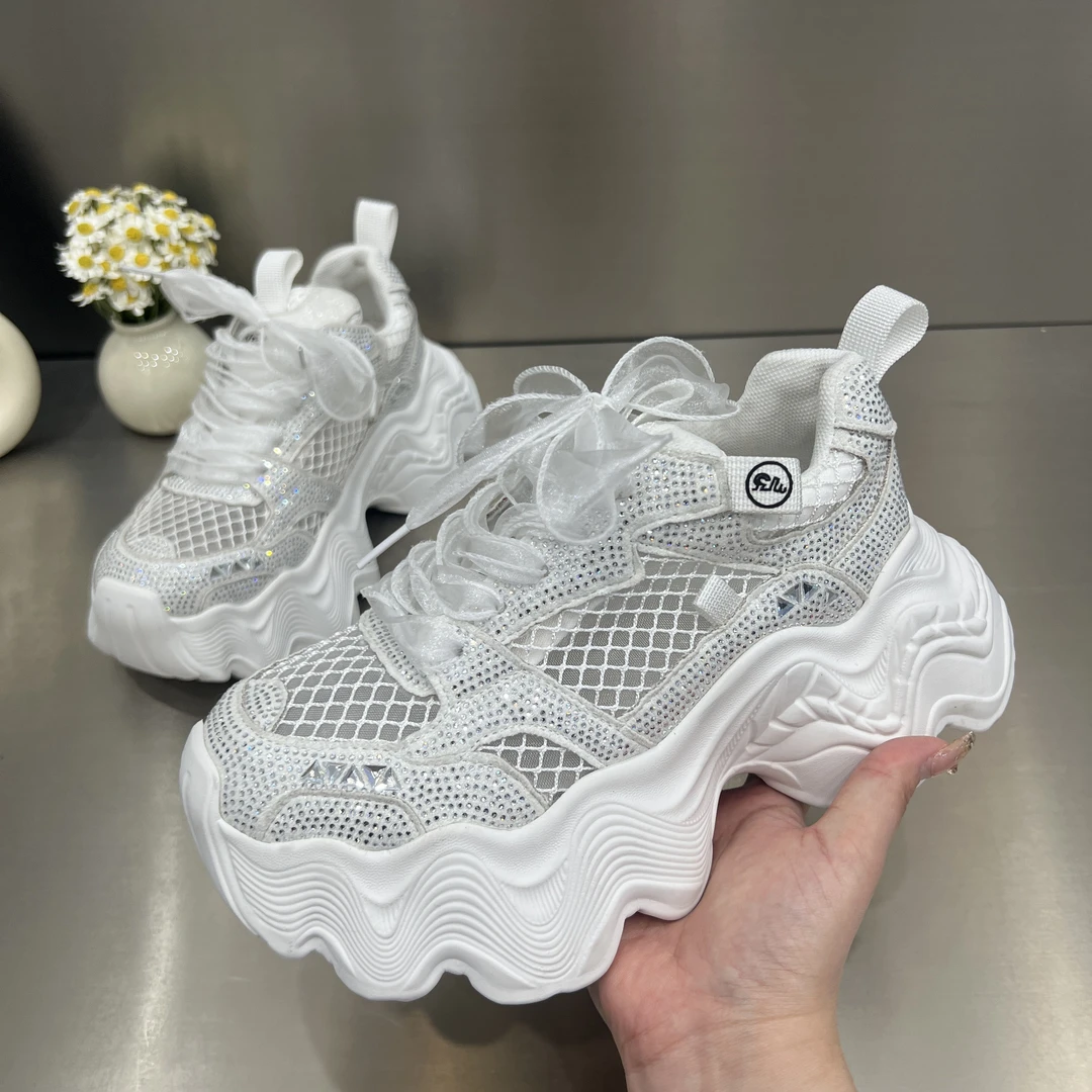【8cm满钻透网老爹鞋】爆款女鞋广州厚底百搭时尚透气老爹鞋带钻