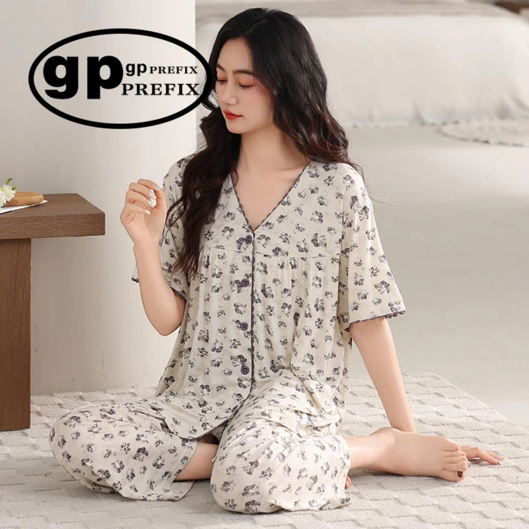 日本小众GP睡衣女夏季莫代尔短袖七分裤薄款外穿加大码家居服套装