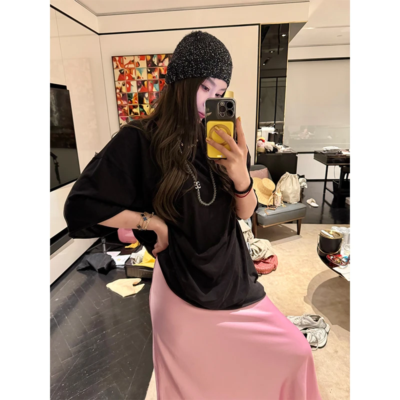 tingtings【松弛基因】黑色宽松五分袖T恤女大版情侣款