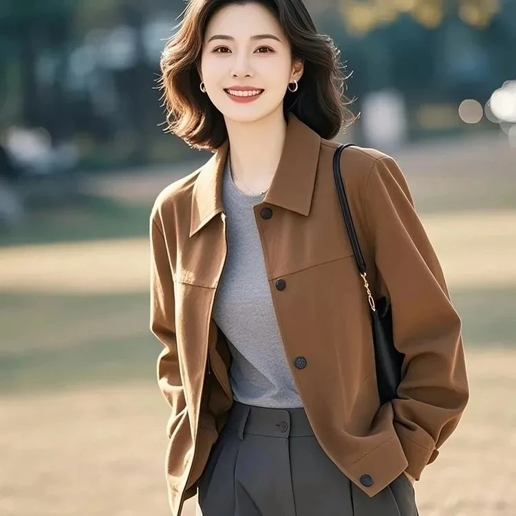 2025开春韩系高级感百搭减龄漂亮洋气女士美拉德棕色翻领夹克外套