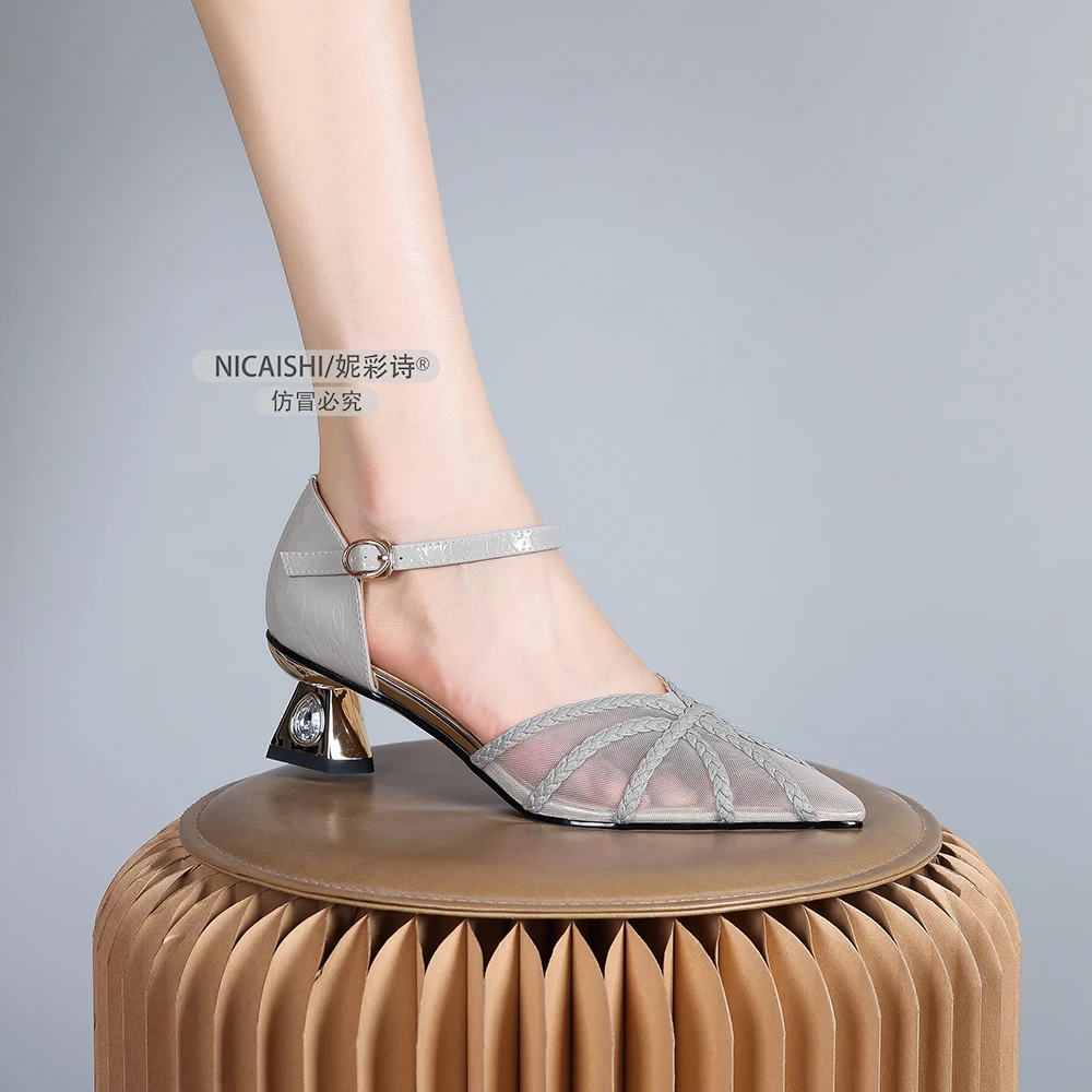 2025年新款镂空网纱包头凉鞋女夏季透气不闷脚女鞋包头中跟鞋2299