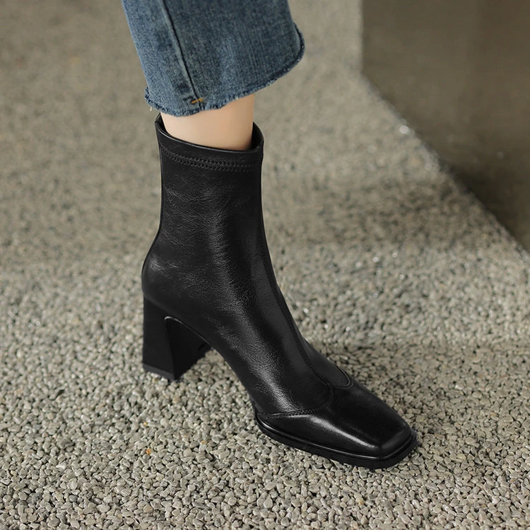 牛皮+弹力皮7cm方头高跟短靴复古时尚百搭秋冬新款粗跟瘦瘦靴短筒