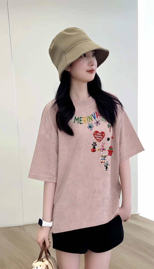 纯棉小众印花短袖女士扎染t恤夏季宽松洋气减龄粉色微胖上衣服ins