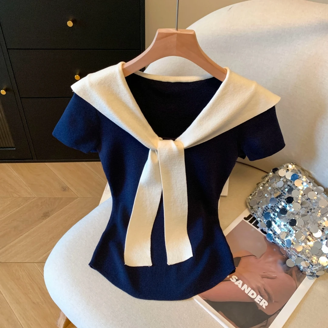 轻熟风披肩短袖T恤女2025夏季爆款v领修身洋气别致针织衫背心上衣