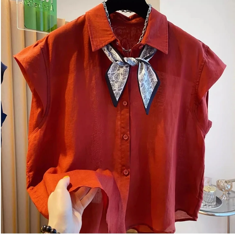 超大码2-300斤港风复古气质无袖衬衣夏季男女高级感纯色翻领上衣