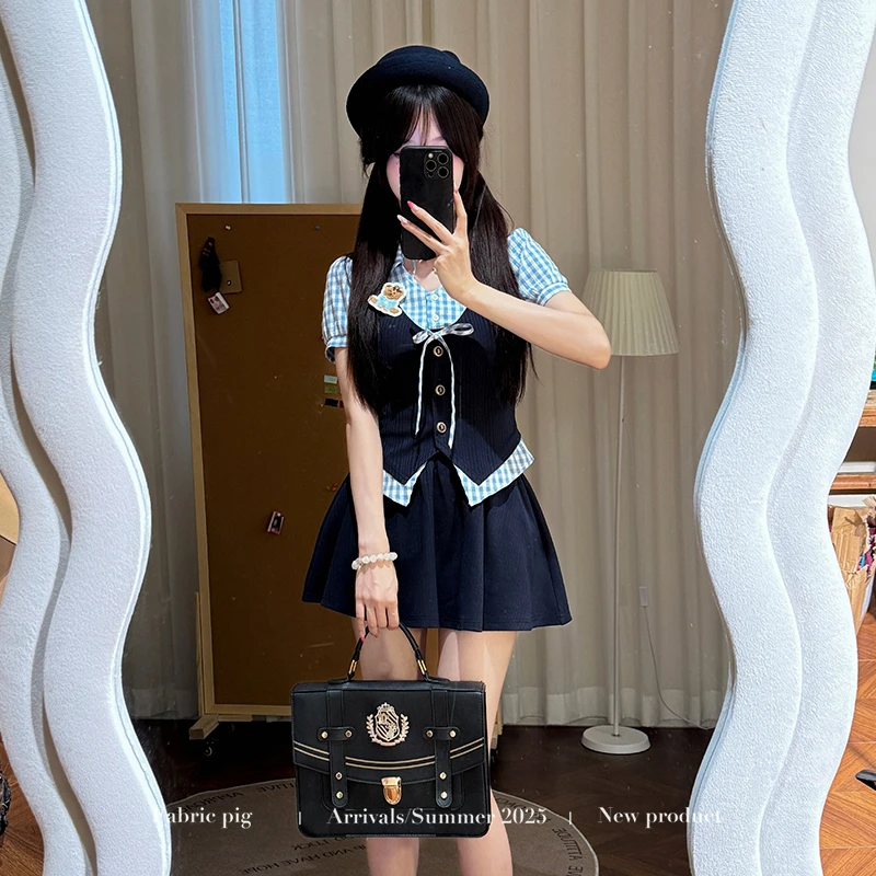 蓝调时刻藏青色 织物猪原创 学院风蓝白格纹衬衫女夏显瘦针织短裙