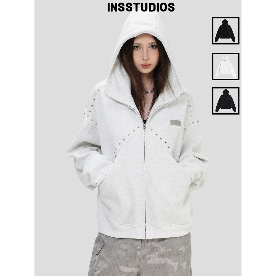 INSstudios国潮情侣美式「拼接铆钉拉链卫衣」宽松连帽开衫外套