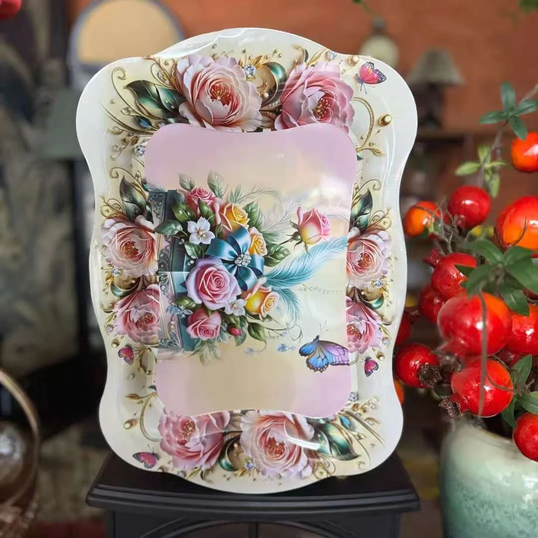 白色粉玫瑰欧式铁艺水果托盘45*25cm家用托盘茶几水果零食盘