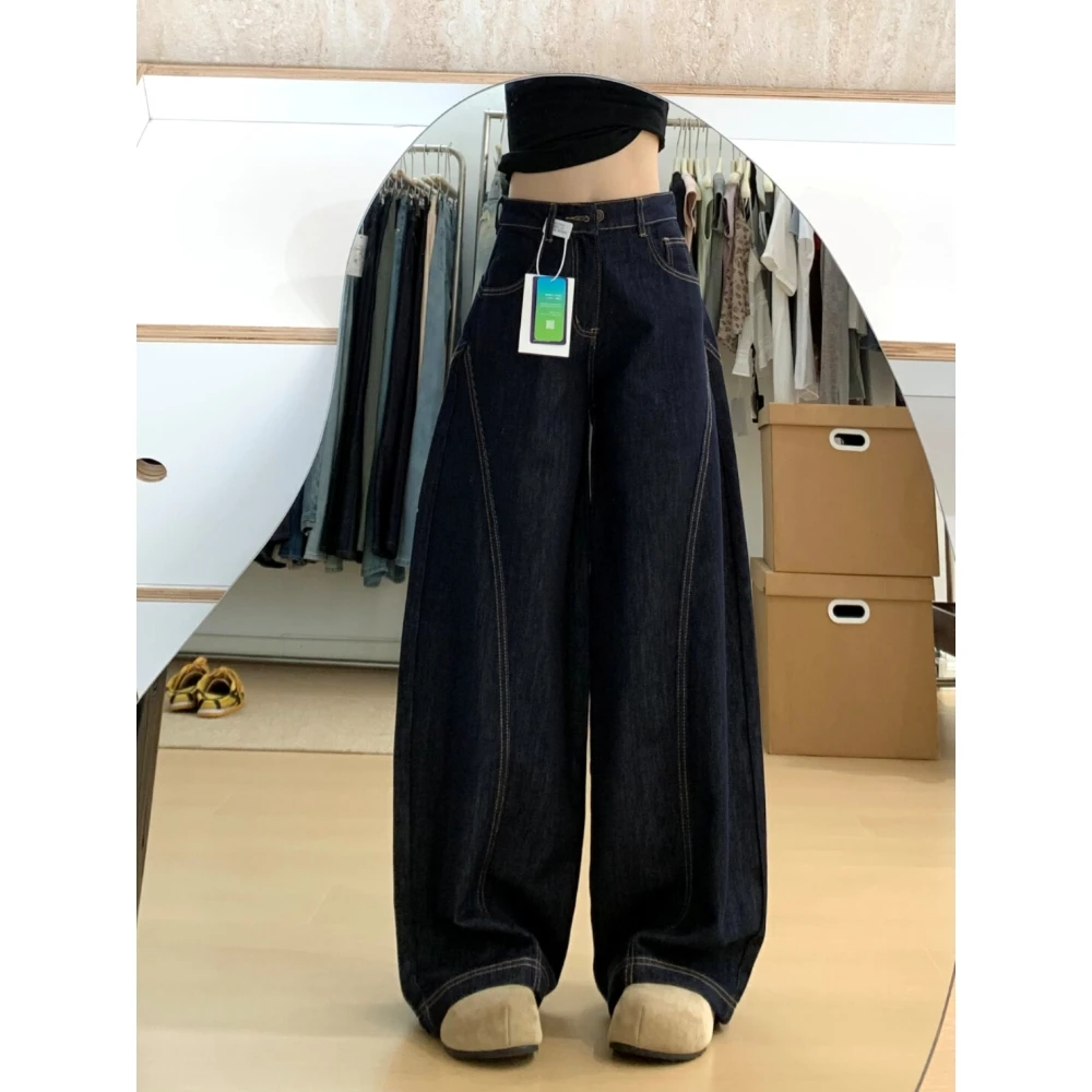 美式休闲直筒立体高个子廓形水洗牛仔裤女宽松阔腿垂感拖地长裤子