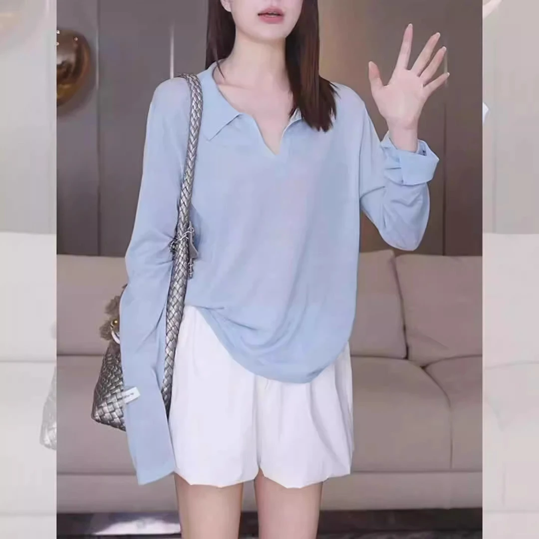 芯娇晴蓝色翻领长袖t恤女装夏季防晒罩衫空调衫2025新款宽松上衣