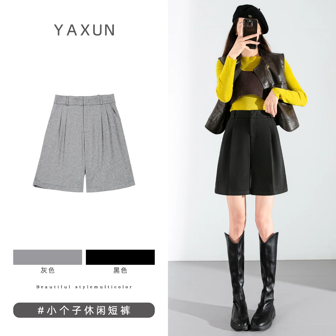 2025年秋冬新款毛呢五分裤小个子休闲短裤女高腰宽松加厚款中裤
