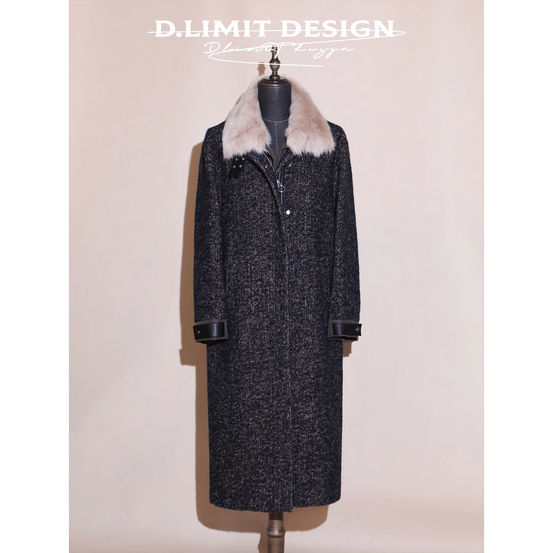 【D.L】苏力绵羊毛翻毛领粗花呢拼接绵羊皮大衣DLOB32