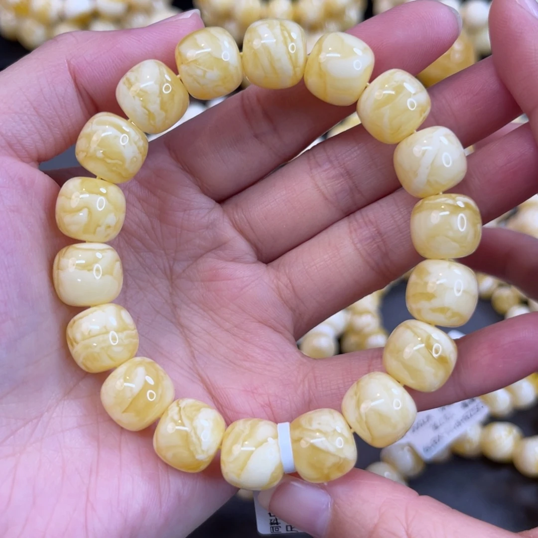 蜜蜡未镶嵌手链12mm同料奶橘白花蜡