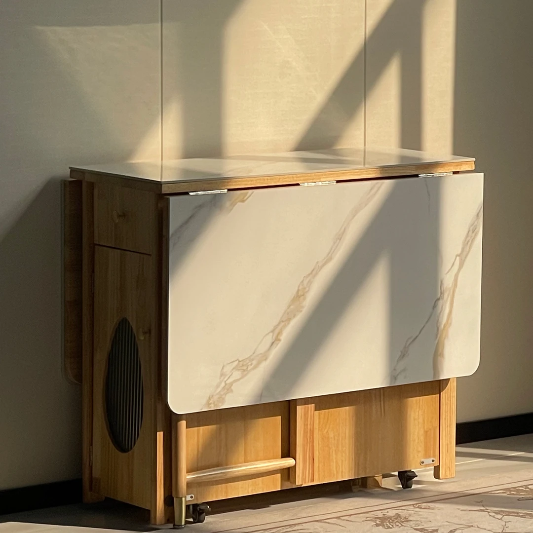 岩板折叠餐桌实木框架家用小户型可移动长方形饭桌现代简约北欧风