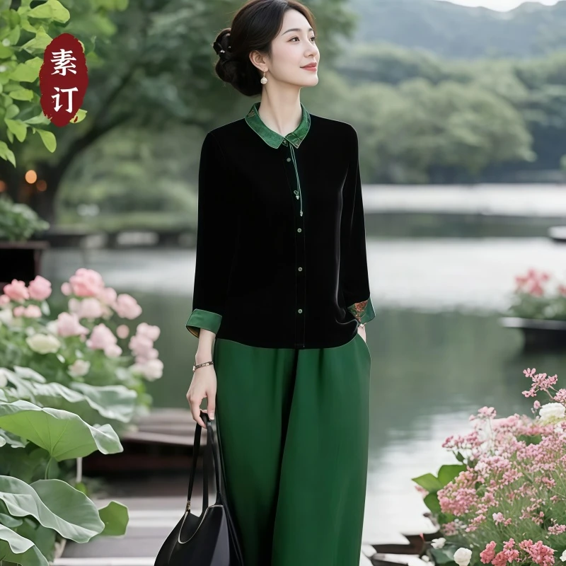 素订女装原创品牌旗舰店撞色拼接翻领上衣+松紧腰休闲裤套装秋季