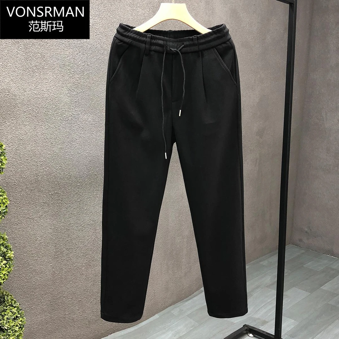 2025秋冬季新款简约抽绳款休闲裤男士潮流纯色百搭直筒裤厚款长裤