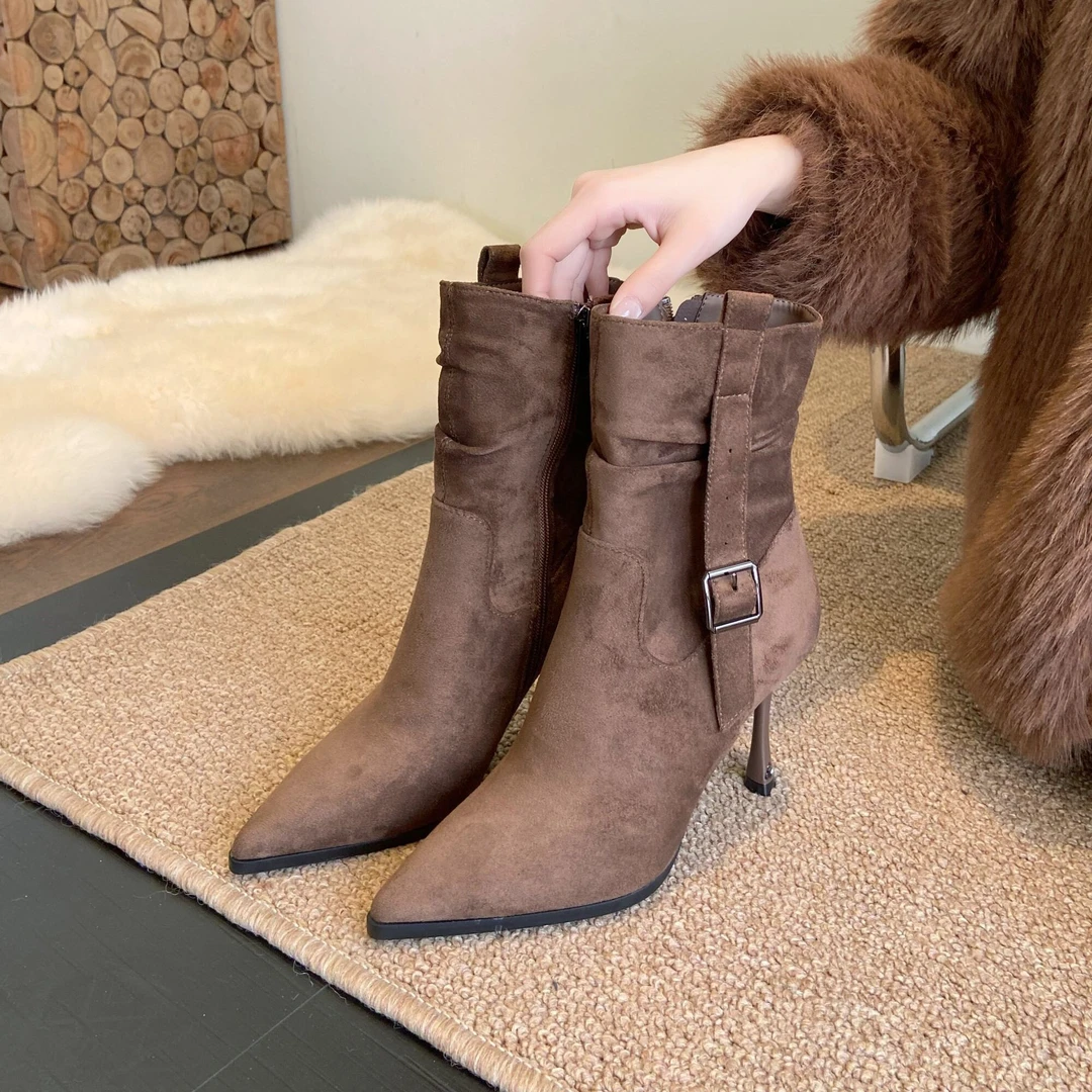 【7公分】优雅时尚绒面侧拉链皮带扣气质褶皱2025秋款细跟堆堆靴女