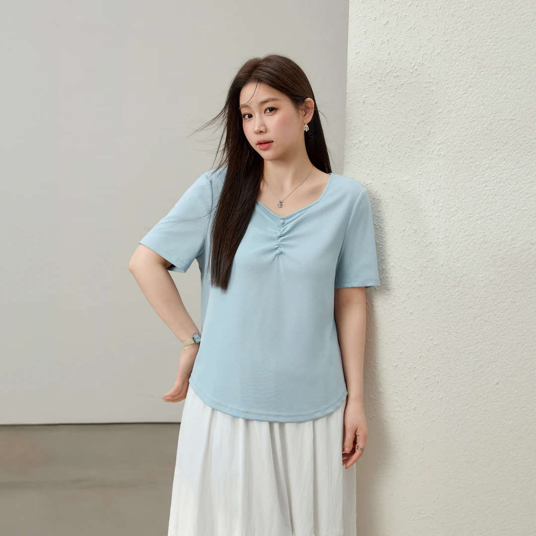 【海盐T】欧若风法式钻石领设计短袖抽褶T恤纤莉秀大码女装QK1383