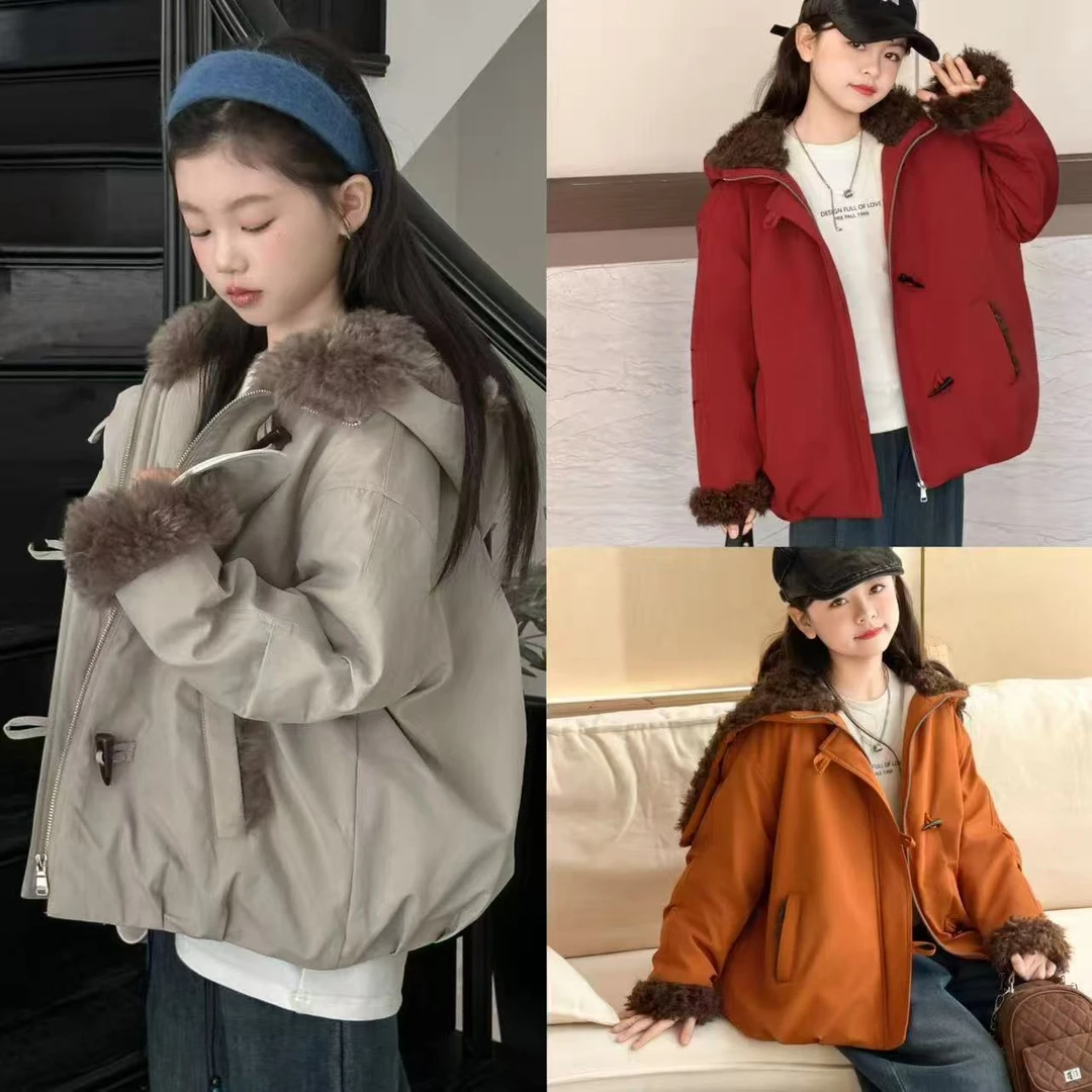Q453女童冬季连帽加绒加厚韩版休闲棉衣派克服外套