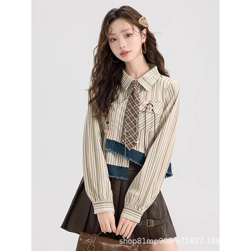 学院复古拼接美拉德穿搭长袖衬衫女春夏季设计感条纹衬衣短款上衣