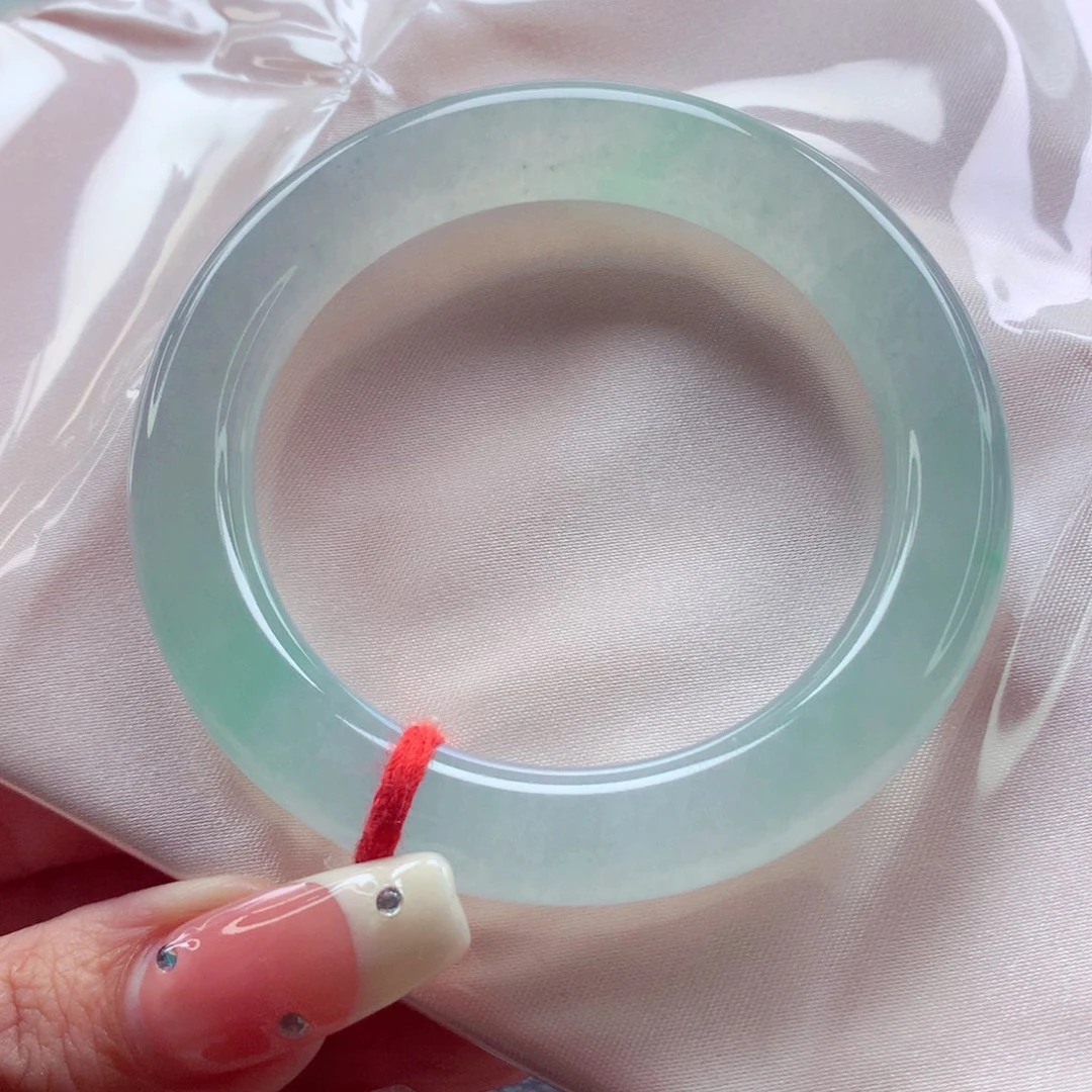 翡翠未镶嵌手镯53.6高冰透冰冰绿飘翠绿胖圆 敏