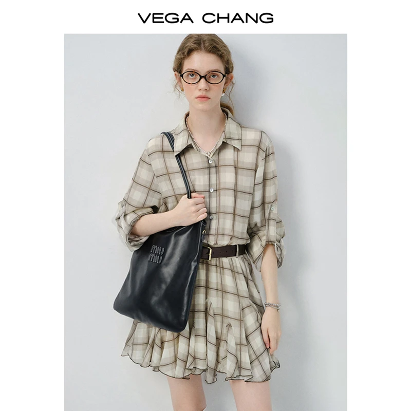 VEGA CHANG格纹裙女2025新款夏季设计感针梭连衣裙0411SQ