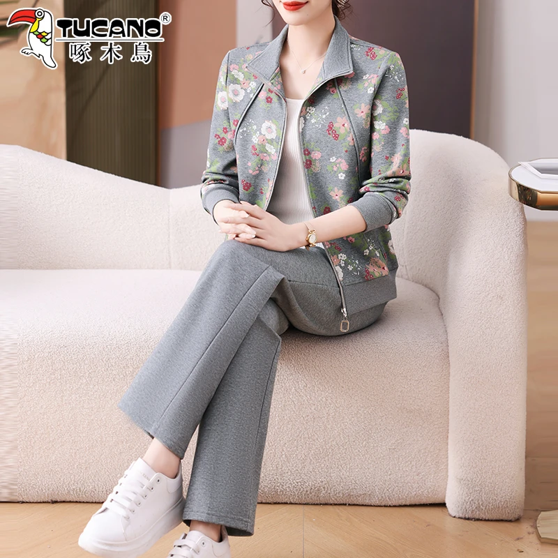 啄木鸟休闲妈妈春装新款女士运动服洋气中老年女装灰色卫衣两件套