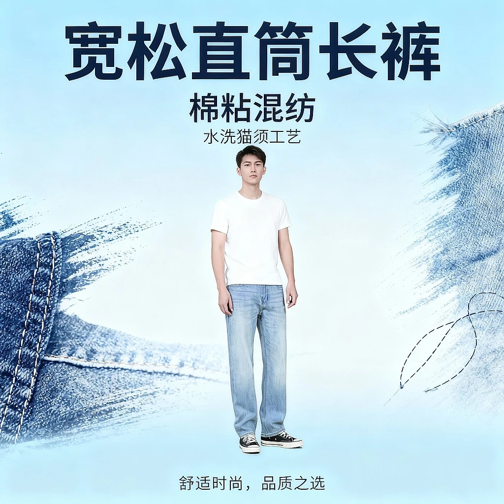 SEVENTH/第七路【宽松直筒】11.5盎司春秋水洗浅蓝牛仔裤男士冰蓝色