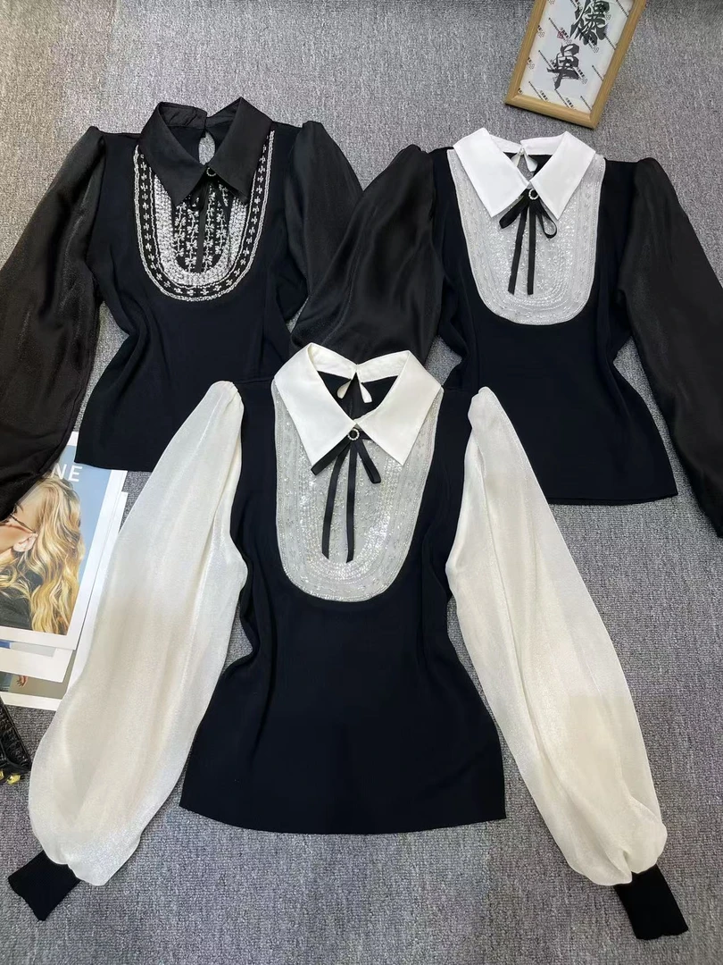 淑雅阁服饰  法式不规则领型不褪色长袖针织衬衫上衣2568