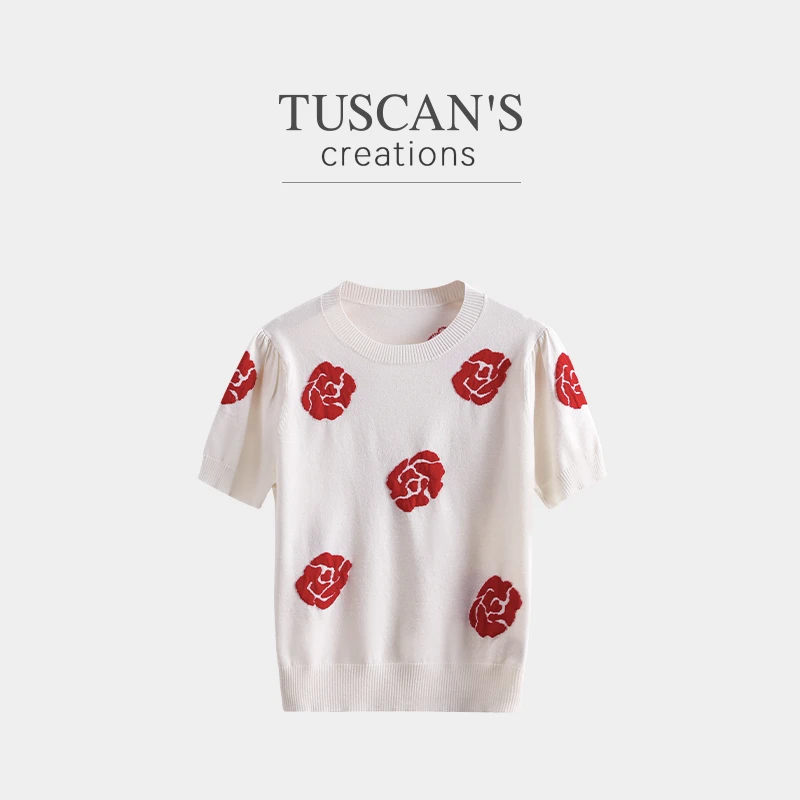 TUSCAN'S CREATIONS夏季短袖时尚毛针织衫宽松薄款印花衫双鱼女装