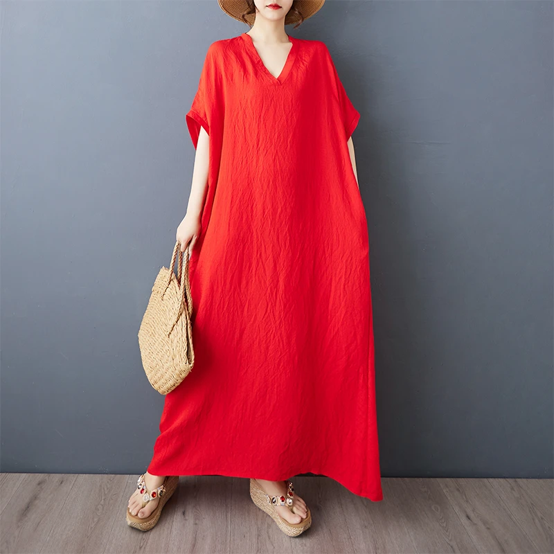品牌折扣店夏季红色v领文艺旅游度假风沙滩裙遮肉棉麻短袖连衣裙
