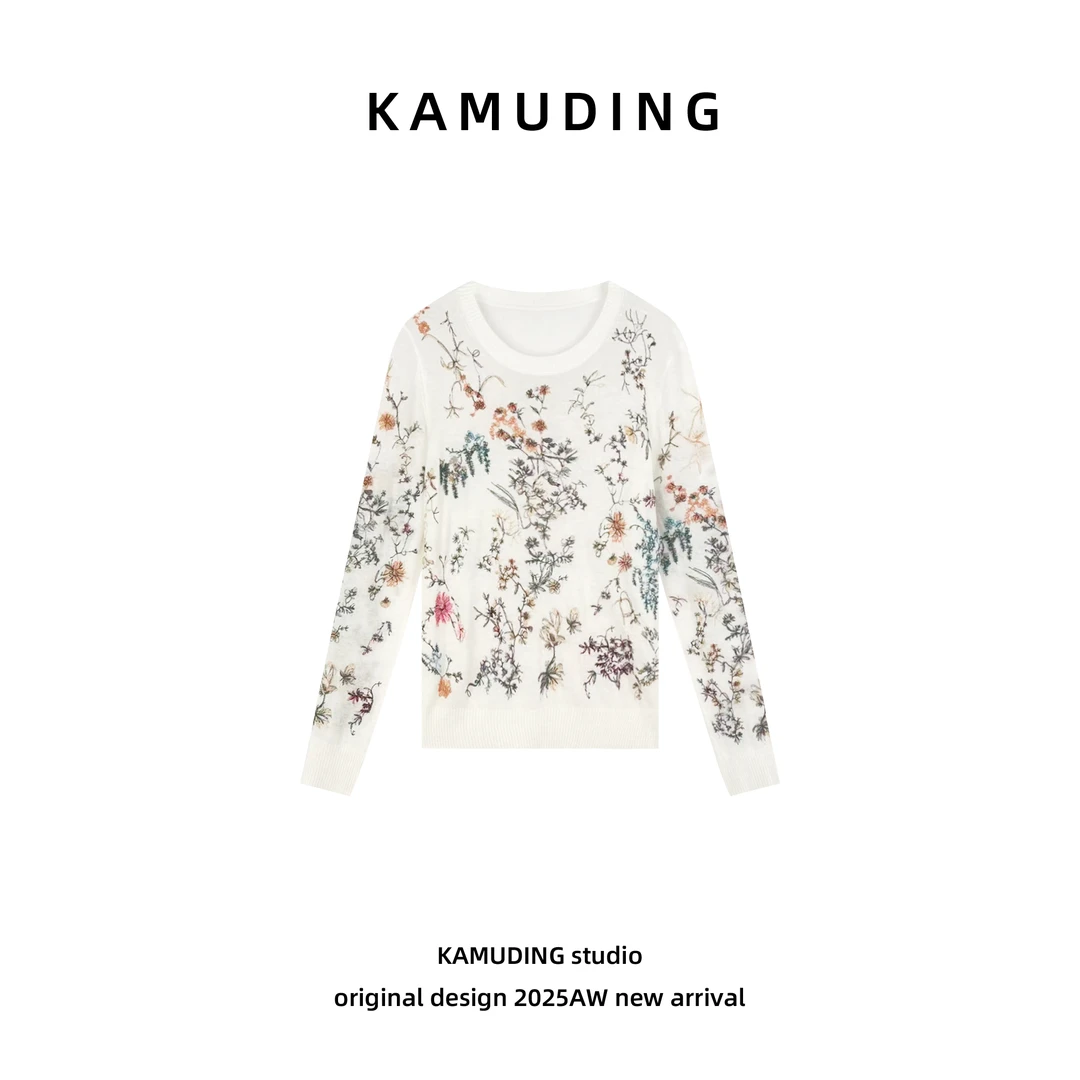 KAMUDING2025新款A21春日浪漫花卉刺绣百搭毛针织衫25229