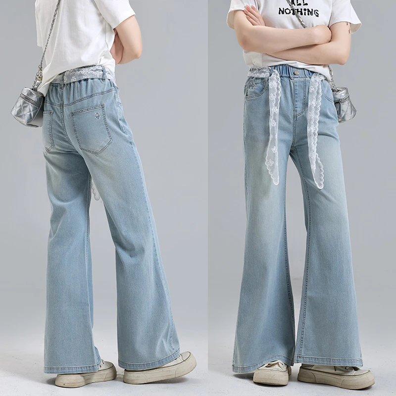 夏款女孩设计感喇叭裤2025新款中大童百搭简约薄款舒适透气牛仔裤