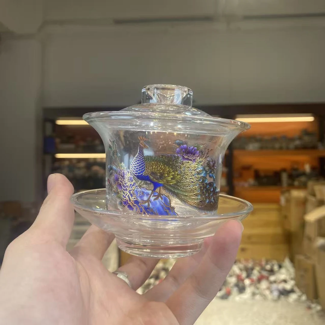 友名 玻璃变色孔雀悬停盖碗-3229