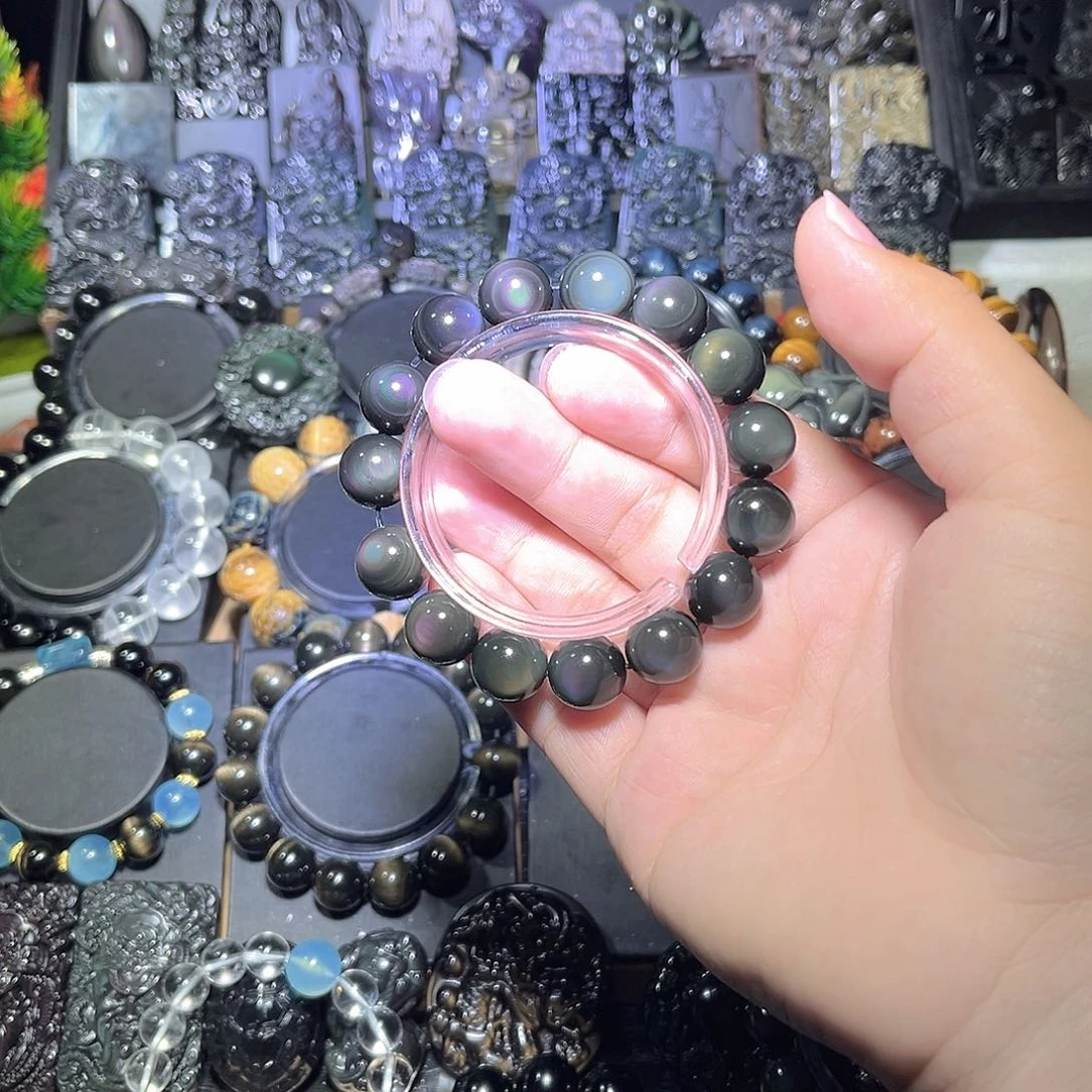 黑曜岩未镶嵌手串馬*彩曜石14m满月