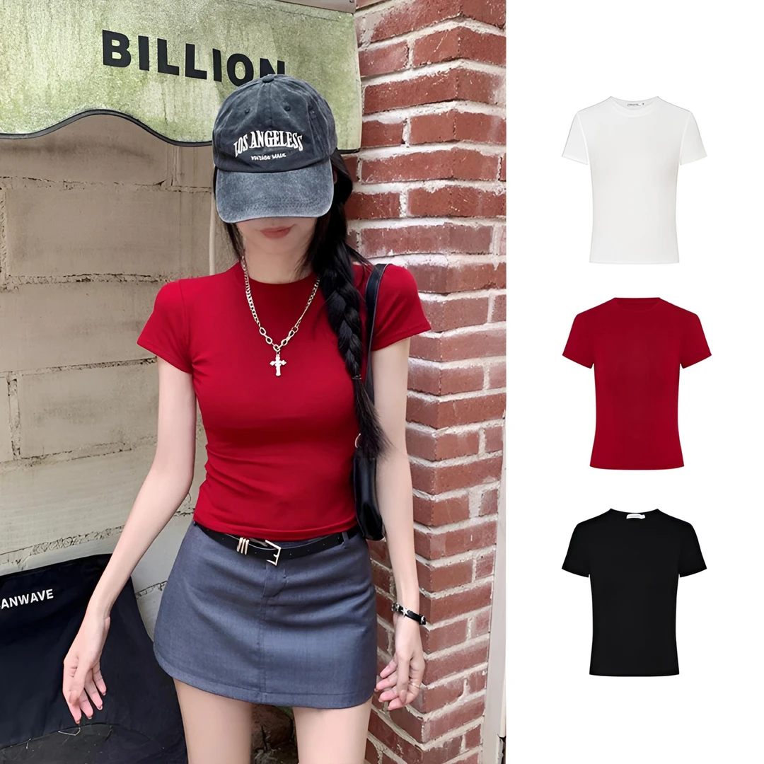 2025夏季新款甜辣复古酒红色显瘦正肩T恤女装短款上衣ins百搭显瘦