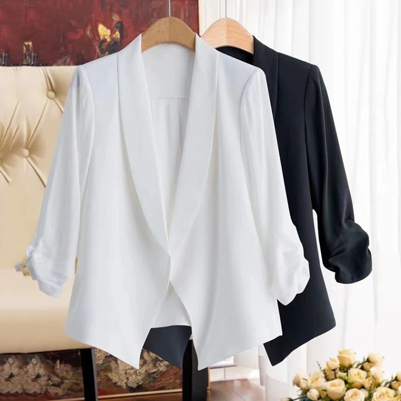春夏款七分袖褶皱一粒扣西装外套上衣女 HW033