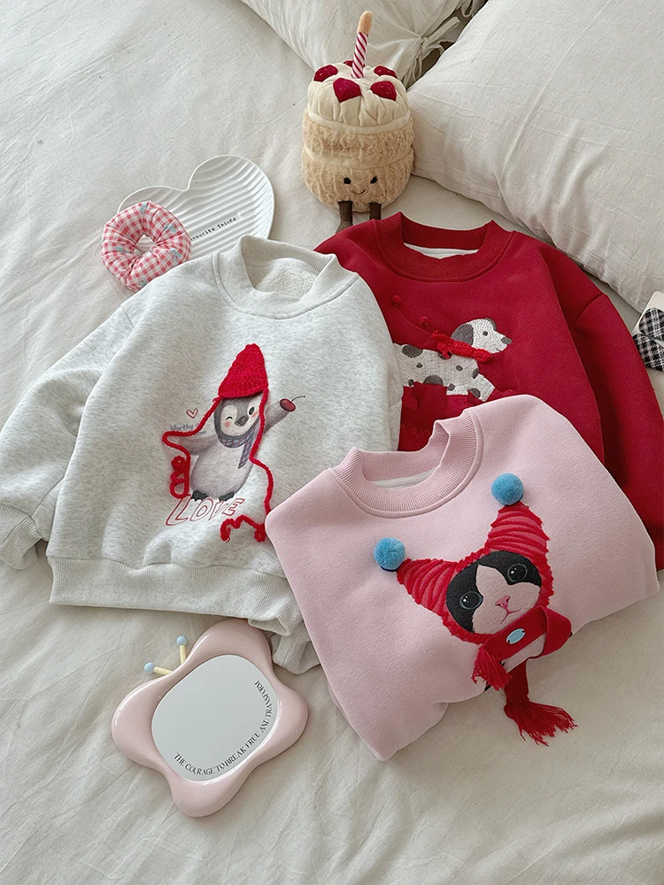 宽松秋冬小童女加绒卫衣长袖常规款圆领