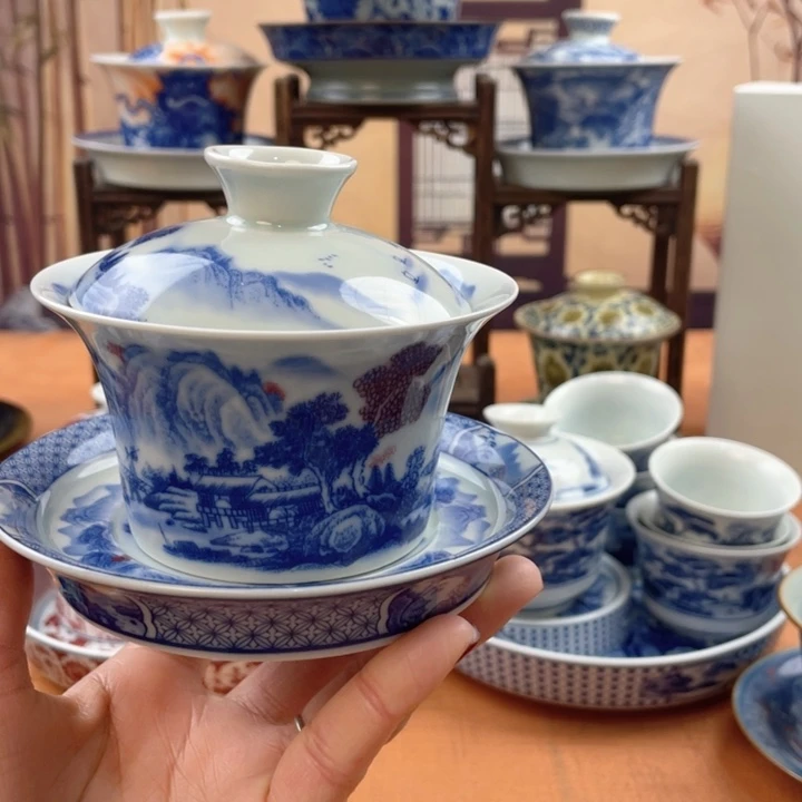 陶摆件富春山居图马蹄盖碗