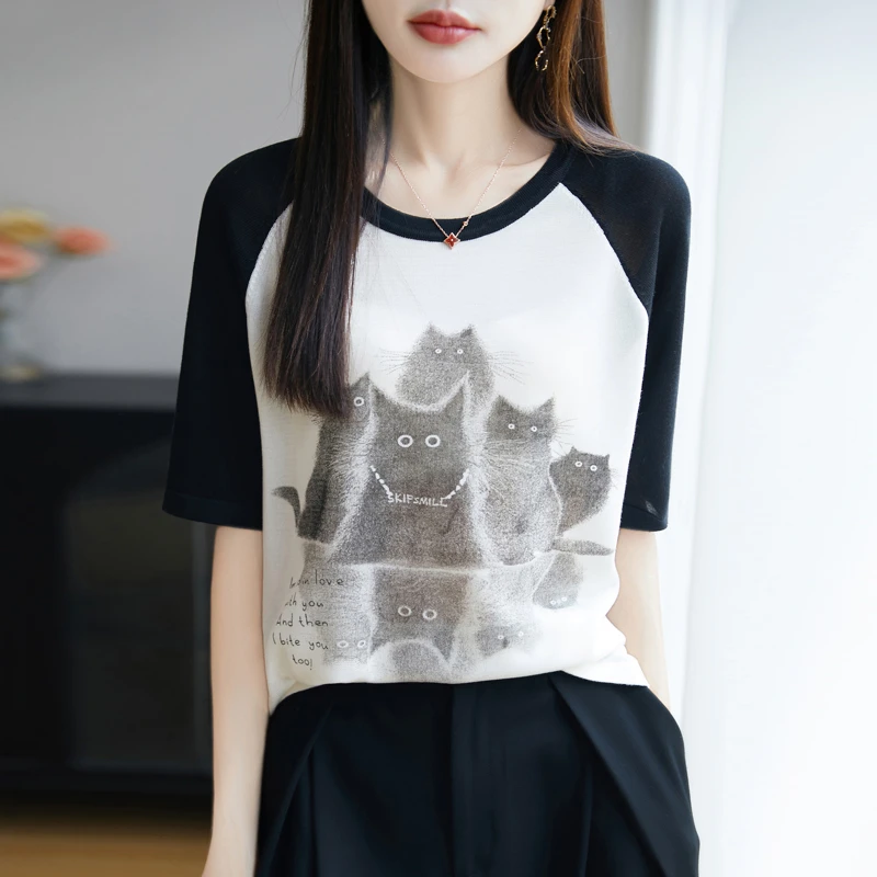 哥弟阿玛施正品夏季新款黑白配色猫咪印花短袖T恤宽松百搭薄款女